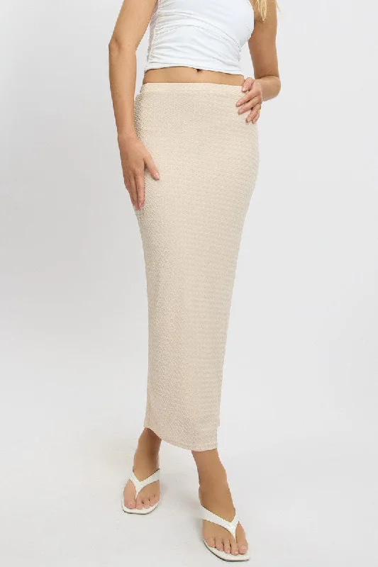 Beige Midi Skirt High Rise Textured Jersey