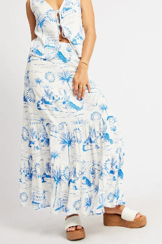 Blue Abstract Maxi Skirt Tiered High Rise Elastic Waistband