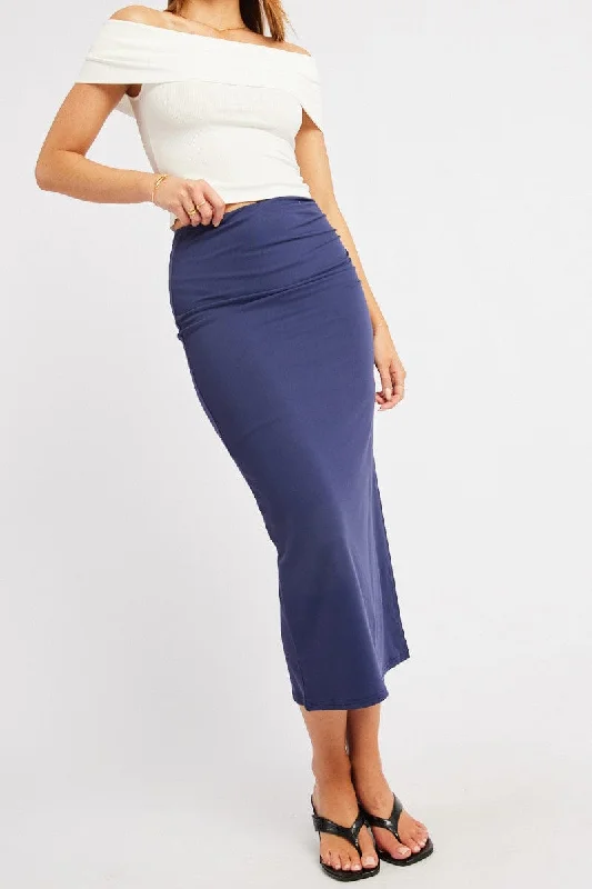 Blue Midaxi Skirt High Rise Ruched Lined Supersoft