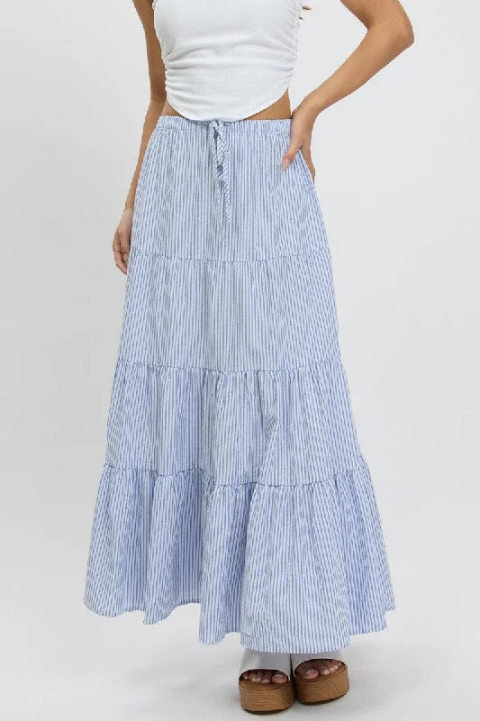 Blue Stripe Maxi Skirt Tiered High Rise Elastic Waistband