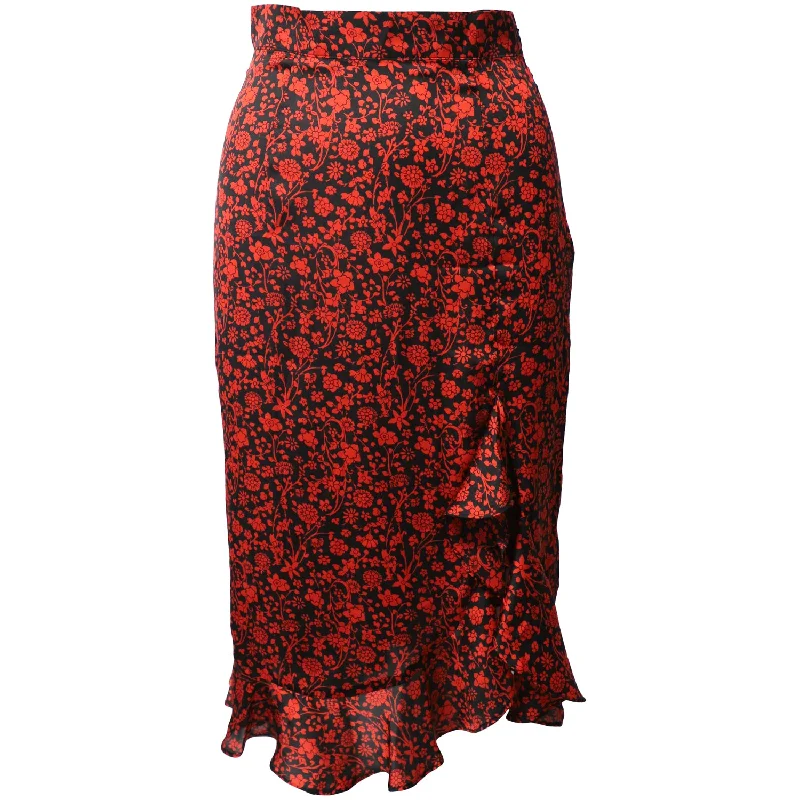 Maje Floral Asymmetric Drape Skirt in Red Silk