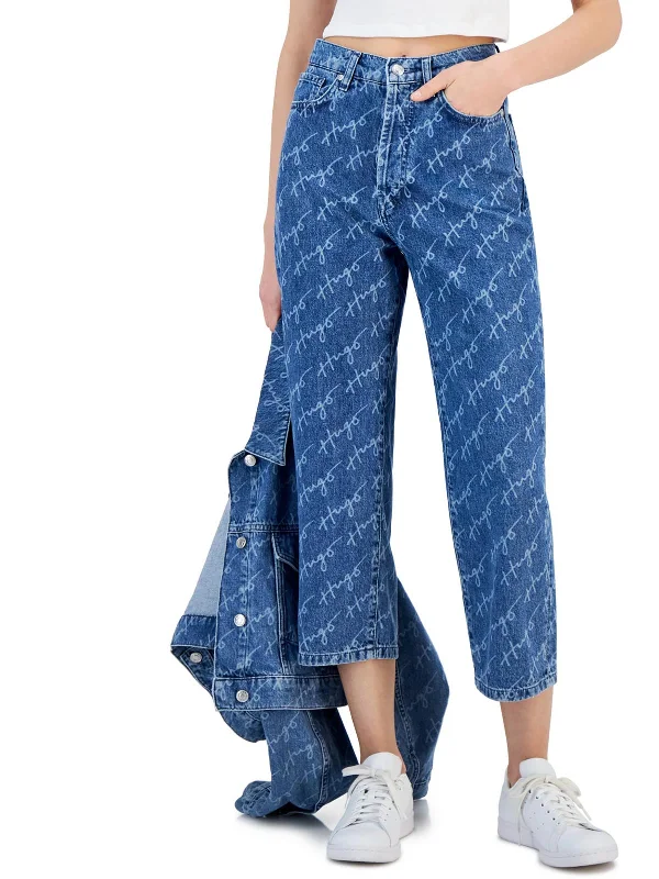 Womens High Rise Logo Wide Leg Jeans