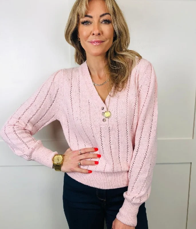 Pale Pink Pointelle Button V Neck Jumper