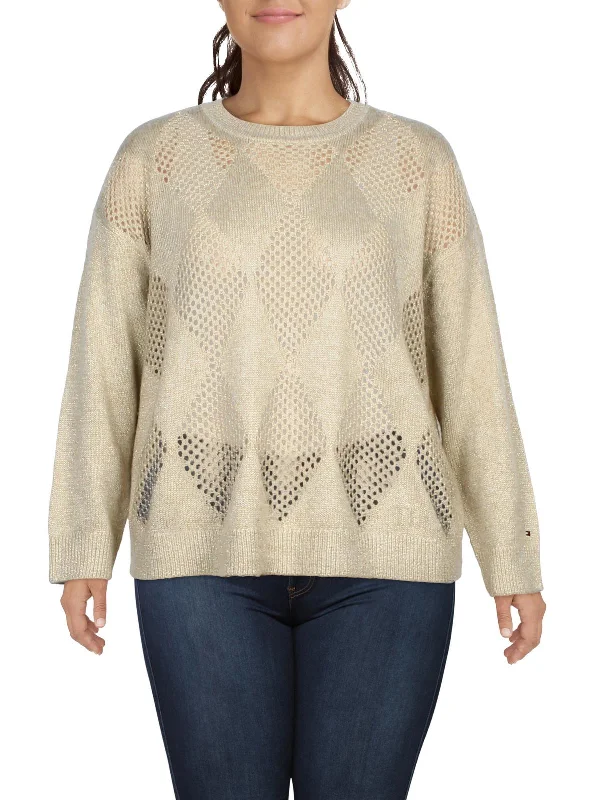 Plus Womens Open Stitch Argyle Crewneck Sweater