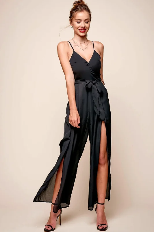 Carrie High Slit Chiffon Jumpsuit Black