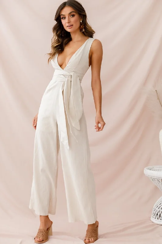 Dylan V-Neckline Wide Leg Jumpsuit Beige