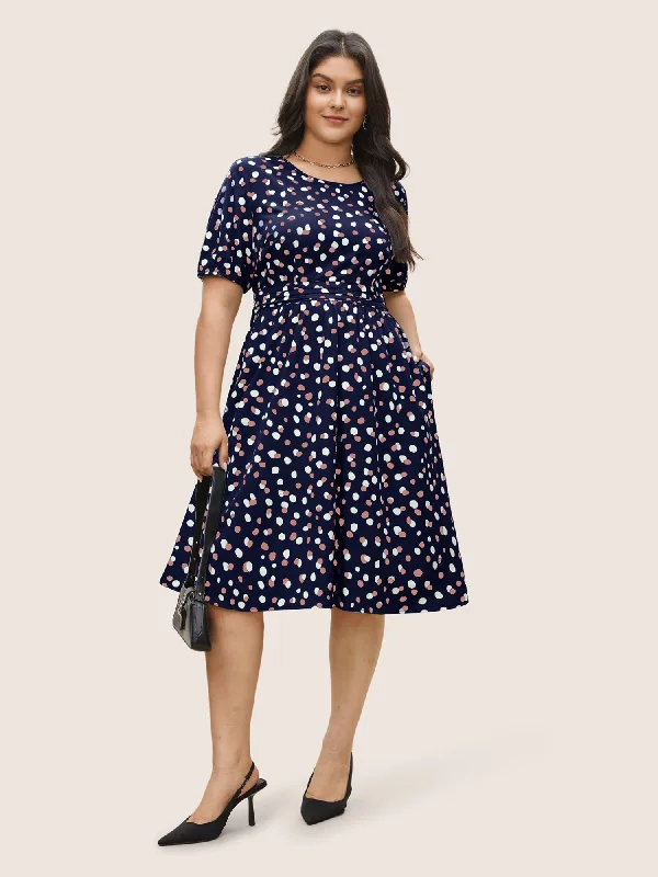 Allover Print Pleated Lantern Sleeve Dress