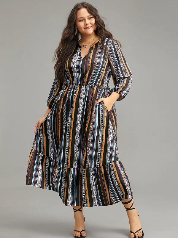 Bandana Print Notched Ruffle Layered Hem Dress