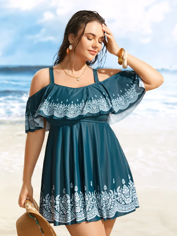 Boho Print Off Shoulder Ruffle Trim Swim Dress