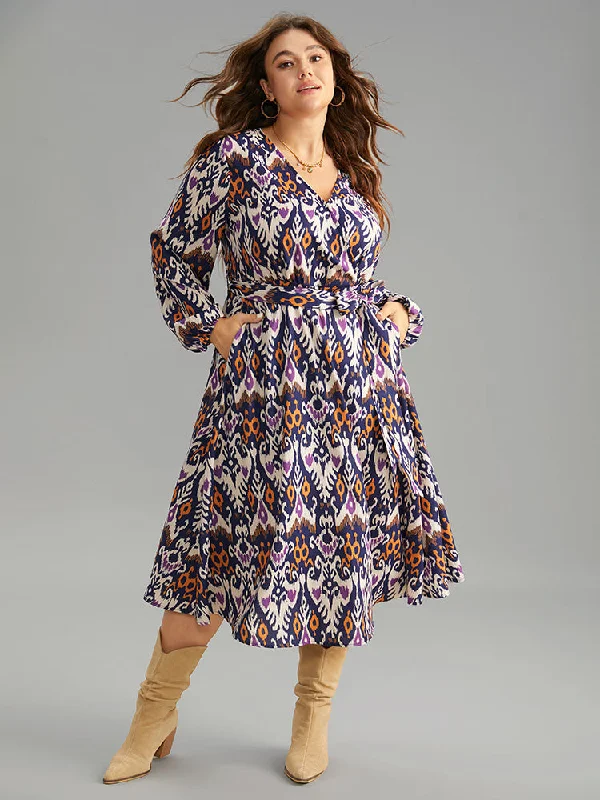 Boho Print Overlap Collar Elastic Waist Belted Dress