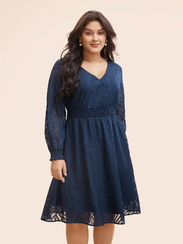 Chiffon Jacquard Shirred Lantern Sleeve Dress