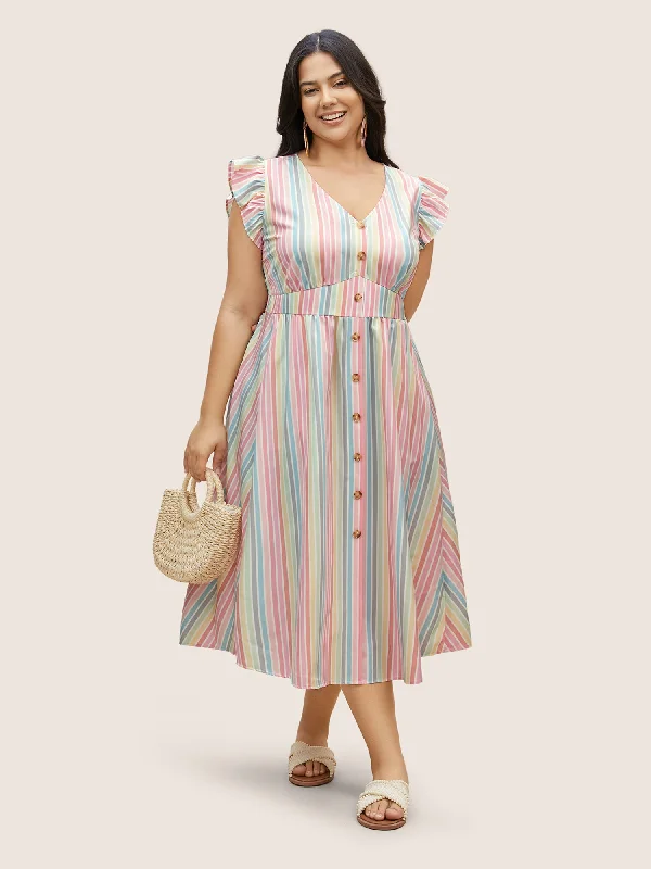 Colored Striped Button Detail Ruffles Dress