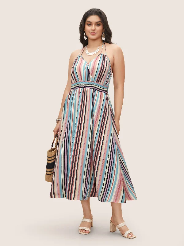 Colored Striped Halter Neck Shirred Wrap Dress