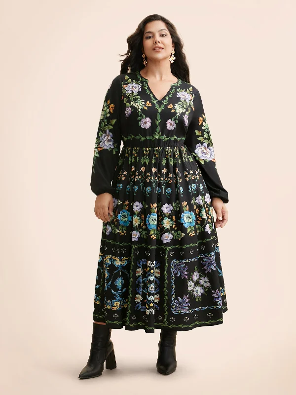 Floral Notched Collar Lantern Sleeve Dress