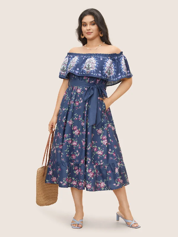 Floral Off Shoulder Belted Frill Trim Dress