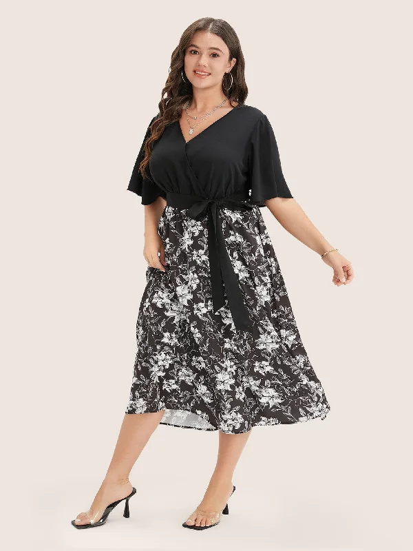 Floral Patchwork Pocket Belt Surplice Neck Ruffle Hem Dress