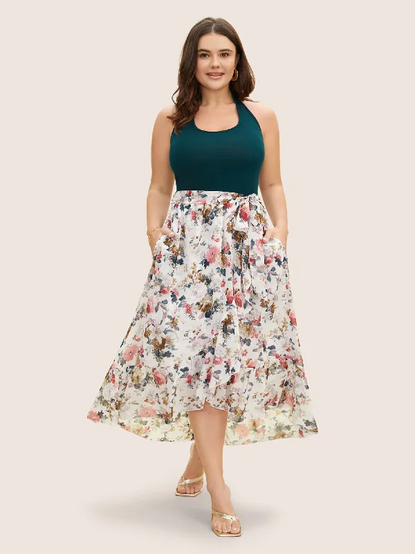 Halter Neck Patchwork Floral Belted Dress