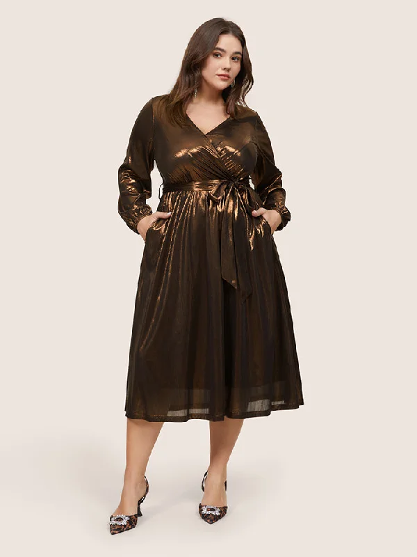 Metallic Belted Wrap Lantern Sleeve Dress