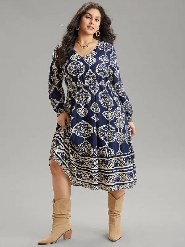 Moroccan Print Shirred Cuffs Pocket Dress