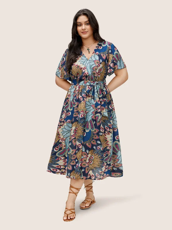 Paisley Print Wrap Belted Ruffle Sleeve Dress