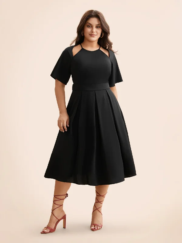 Plain Shirred Cut Out Pleated Dress