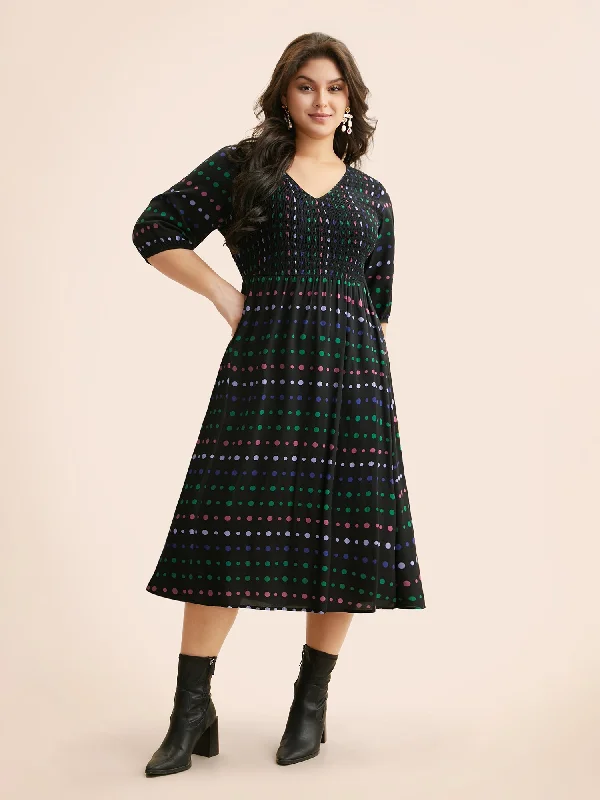 Polka Dot Shirred Lantern Sleeve Dress