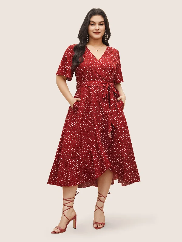 Polka Dot Surplice Neck Belted Arc Hem Dress