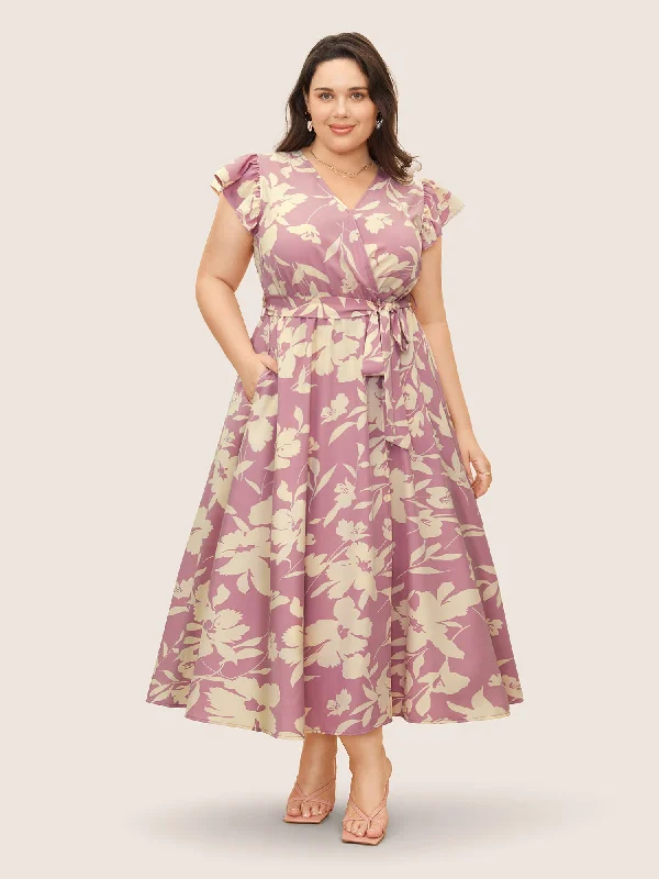 Silhouette Floral Print Wrap Ruffle Cap Sleeve Dress