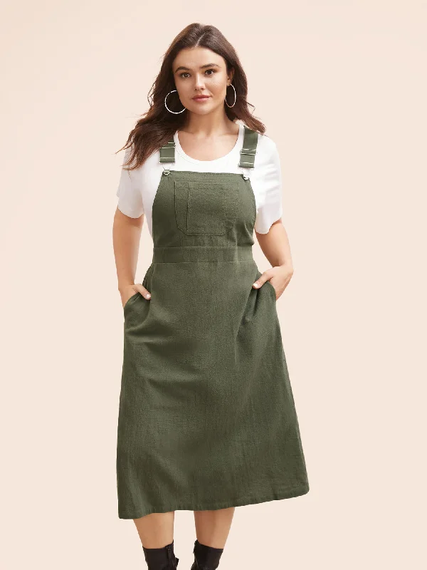 Solid Patched Pocket Overall Dress