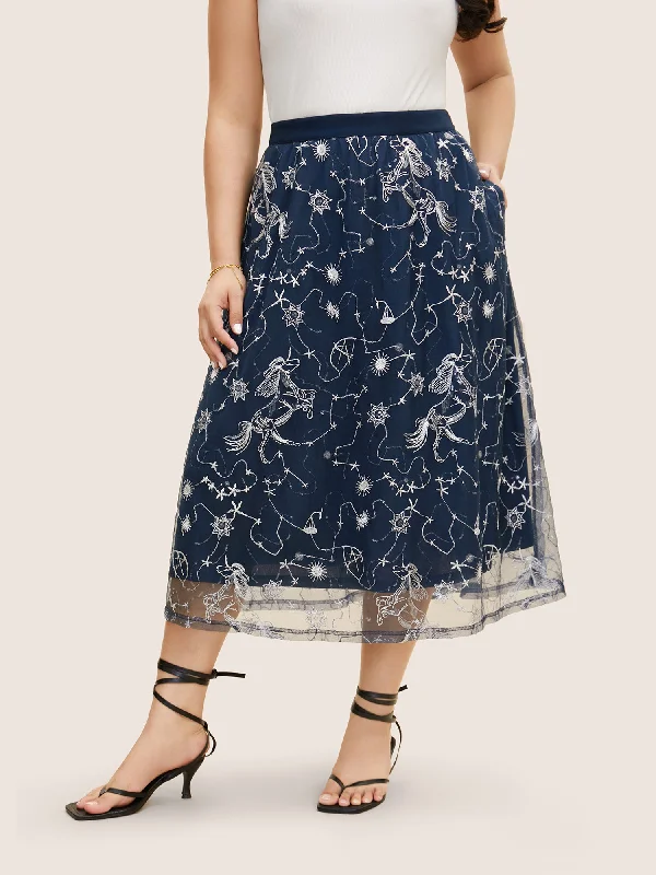 Star Embroidered Patchwork Mesh Pocket Skirt