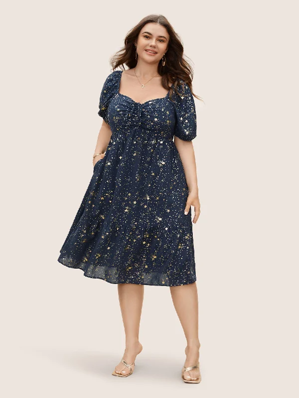 Star Glitter Drawstring Lantern Sleeve Dress