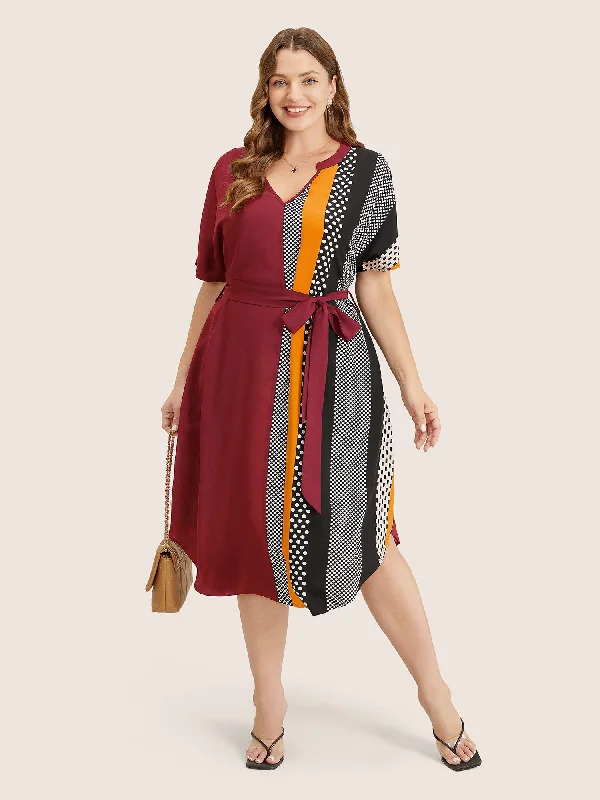 Striped Patchwork Arc Hem Pocket Batwing Sleeve Belt Dress