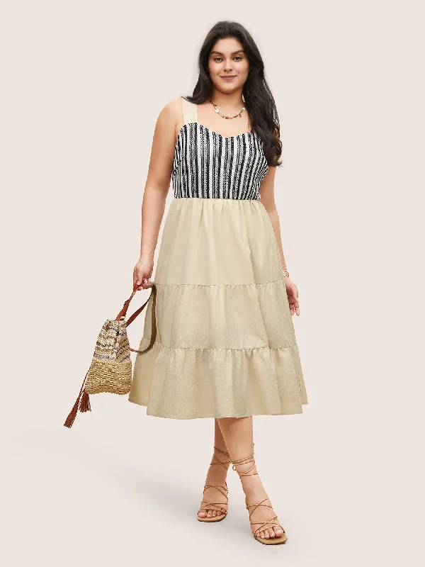 Striped Patchwork Ruffle Layered Hem Dress