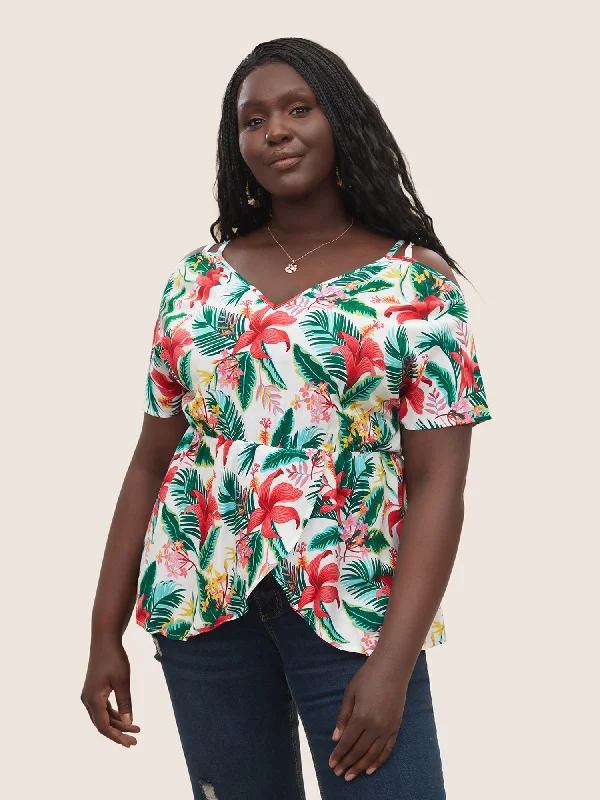 Tropical Print Elastic Waist Cold Shoulder Wrap Hem Blouse