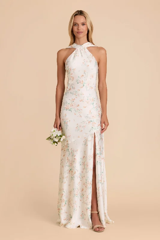 Eileen Matte Satin Dress - Apricot Whimsical Blooms