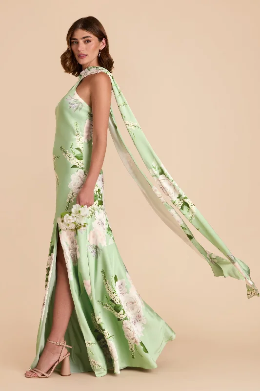 Eileen Matte Satin Dress - Pistachio Garden Bloom