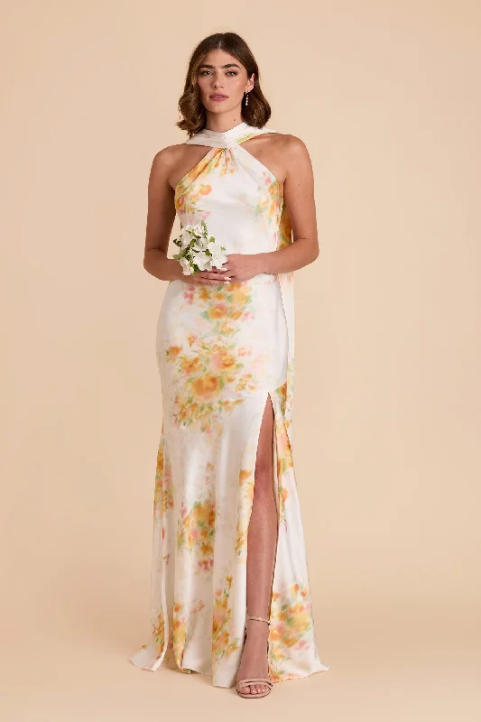 Eileen Matte Satin Dress - White Blurred Floral