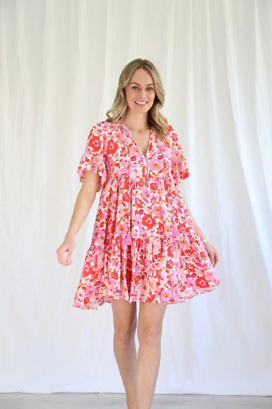 Salty Bright Arabella Pink Red Floral Mini Dress