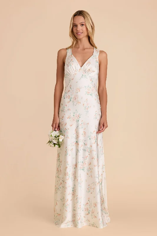 Veronica Matte Satin Dress - Apricot Whimsical Blooms